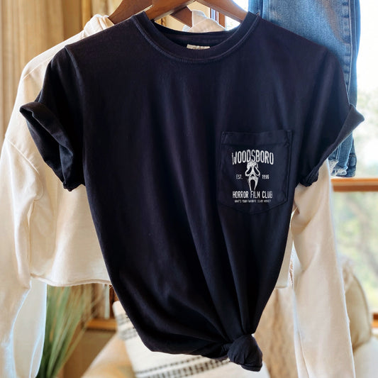 Woodsboro Horror Film Club Halloween Pocket T-shirt White Print