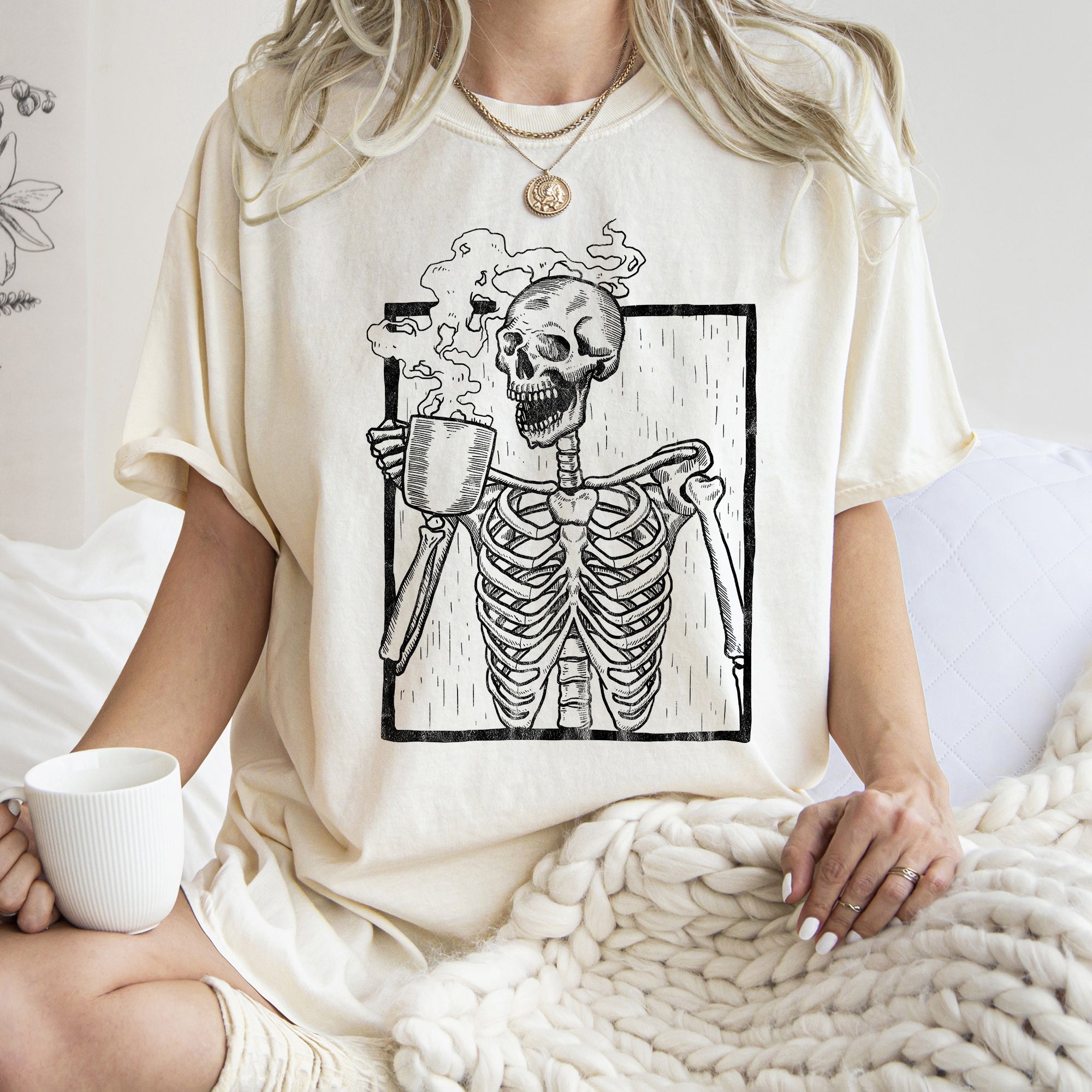 Skeleton And Coffee Retro Halloween T-shirt