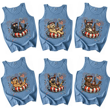 Patriotic Dogs 50 Breeds USA Flag Fireworks Stars And Stripes Americana Parade Comfort Colors Tank Top