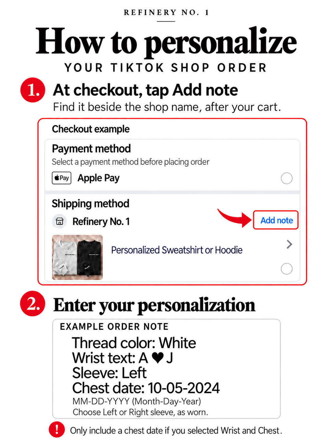 TikTok Shop personalization instructions: add thread color, wrist text, sleeve and optional chest date to the order note.