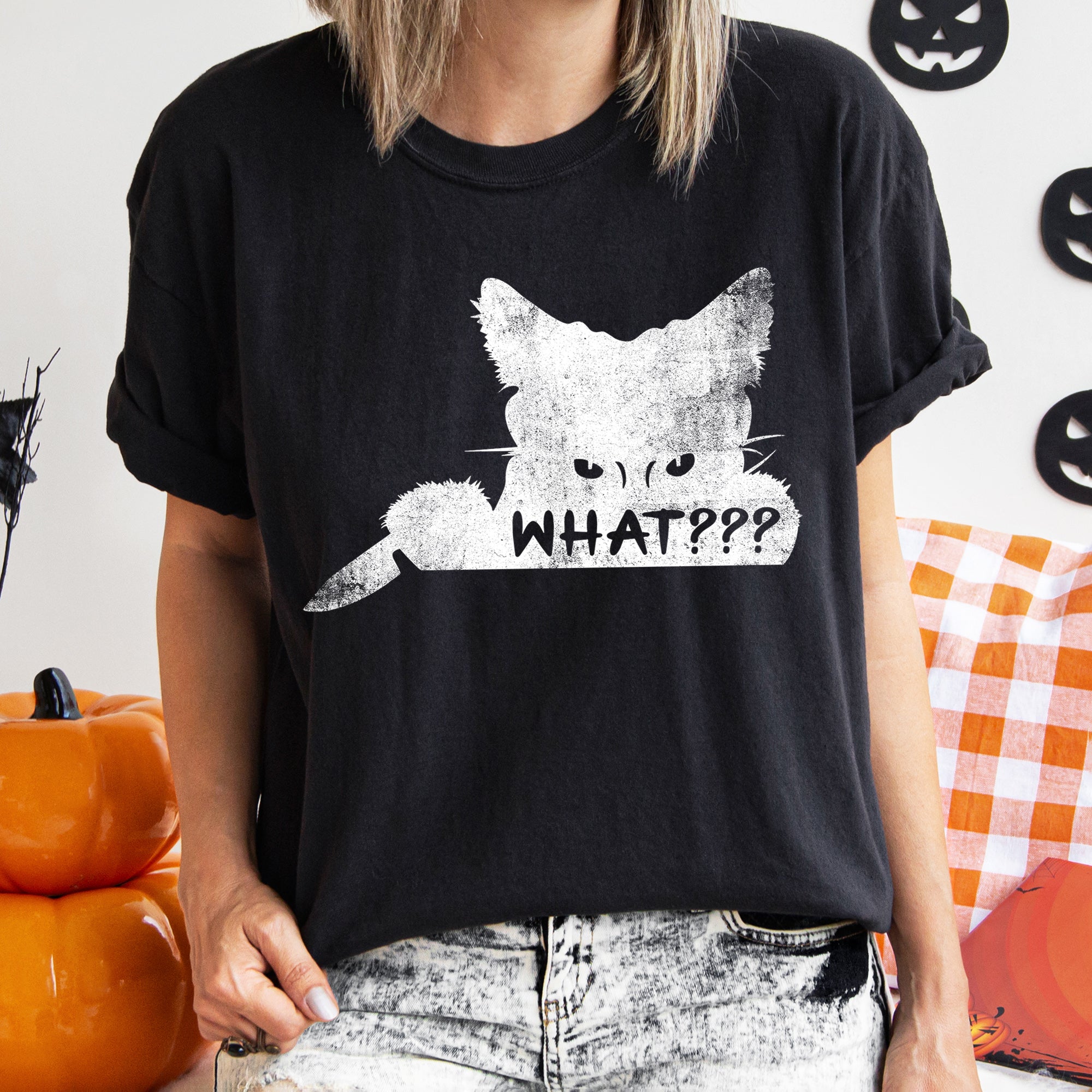What? Cat And Knife Retro Halloween T-shirt