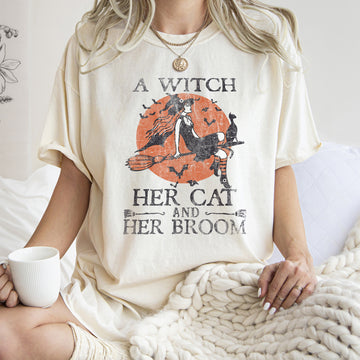 A Witch, Her Cat And Her Broom Retro Halloween T-shirt