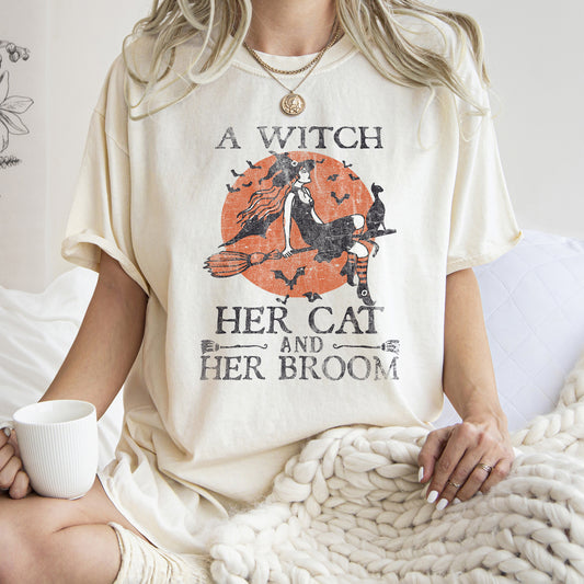 A Witch, Her Cat And Her Broom Retro Halloween Comfort Colors Tshirt