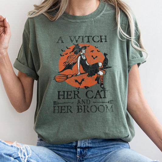 A Witch, Her Cat And Her Broom Retro Halloween Comfort Colors Tshirt