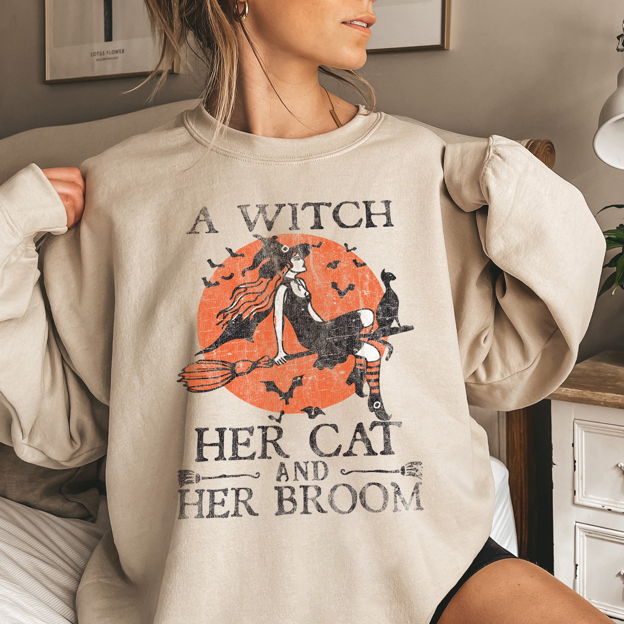 Witch Cat Broom Halloween Sweatshirt