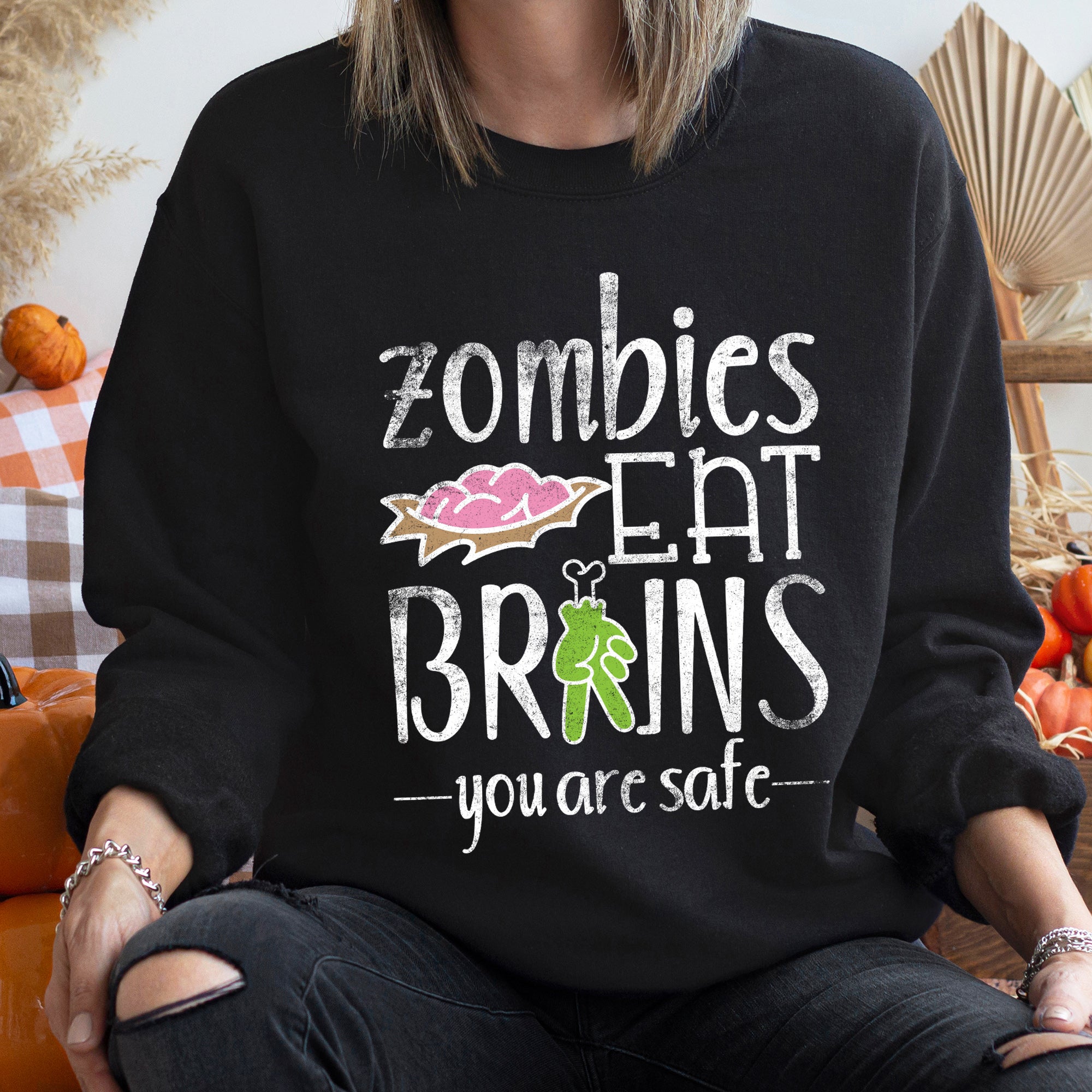 Zombies Eat Brains Vintage Halloween Sweatshirt