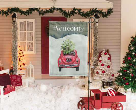 Welcome Car, Christmas Garden Flag, Festive Winter Outdoor Decor