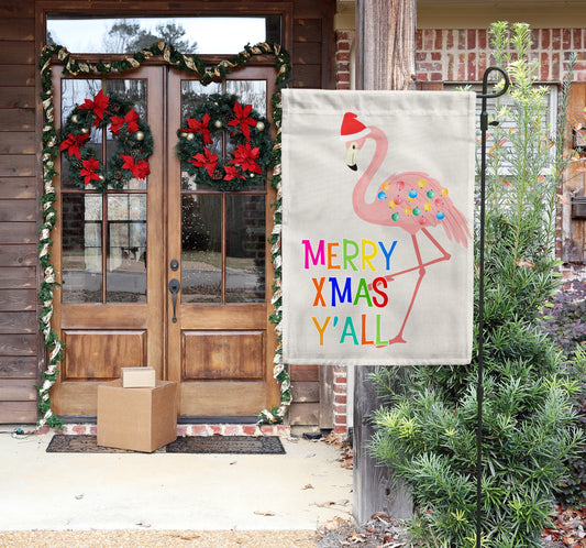 Merry Xmas Y'All Flamingo, Christmas Garden Flag, Festive Winter Outdoor Decor