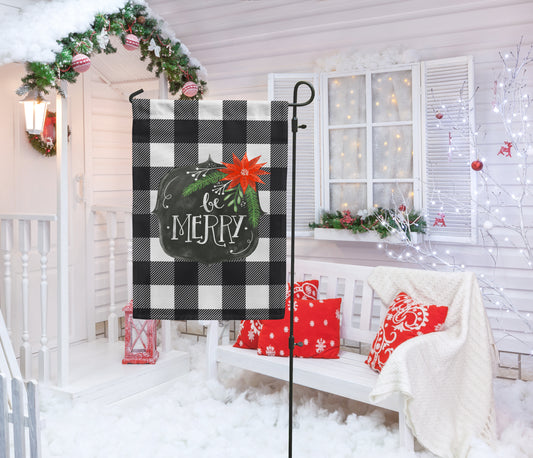 Be Merry Black Plaid, Christmas Garden Flag, Festive Winter Outdoor Decor
