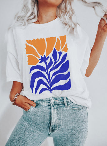 Boho Botanical Blue and Orange Wildflower T-Shirt