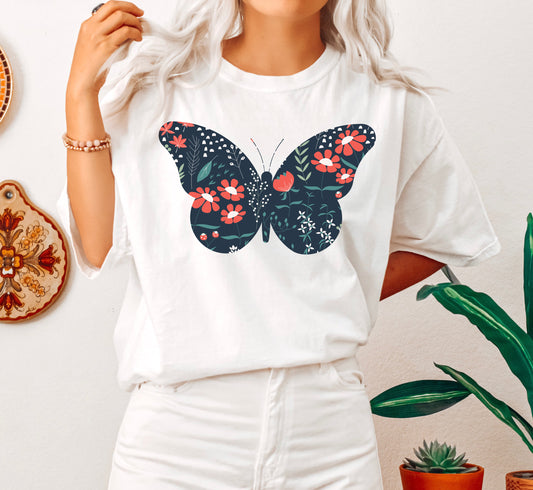 Floral Butterfly Navy Pattern Comfort Colors Tshirt