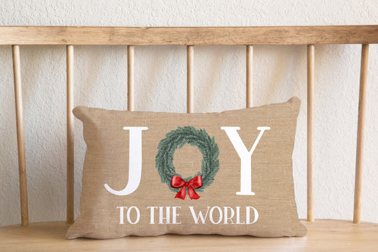 Joy To The World Wreath Burlap, Christmas Lumbar Pillow Cover, Festive Holiday Decorative Throw Cushion Case