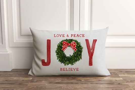 Love Peace Joy Believe, Lumbar Christmas Pillow Cover, Festive Holiday Decorative Throw Cushion Case