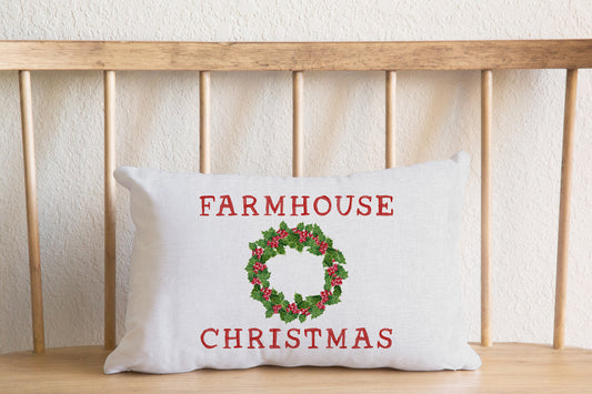 Farmhouse Christmas Wreath, Lumbar Pillow Cover, Festive Holiday Decorative Throw Cushion Case