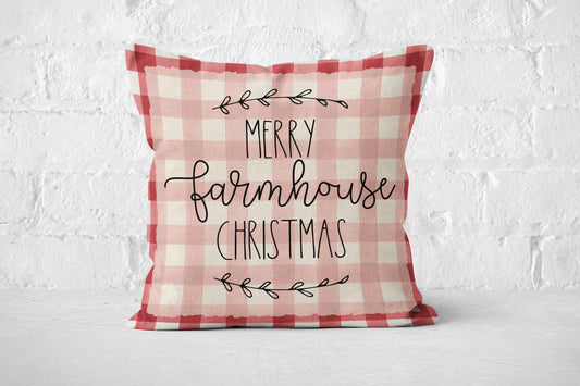 Merry Farmhouse Christmas Red Checked, Pillow Cover, Festive Holiday Decorative Throw Cushion Case