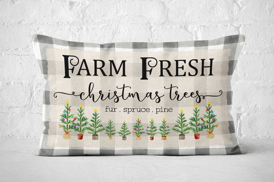 Farm Fresh Christmas Trees Checked, Lumbar Pillow Cover, Festive Holiday Decorative Throw Cushion Case
