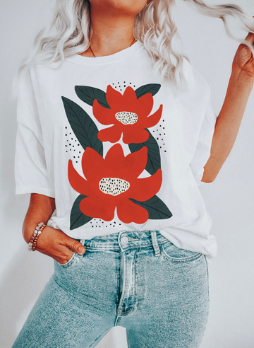 Boho Red Flowers and Leaves Botanical T-Shirt