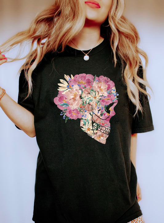 Flowers And Skull Comfort Colors Tshirt