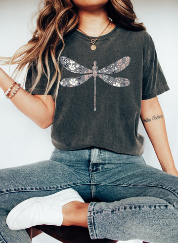 Floral Print Gray Dragonfly T-Shirt