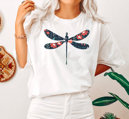 Dragonfly Red Floral Print Comfort Colors Tshirt