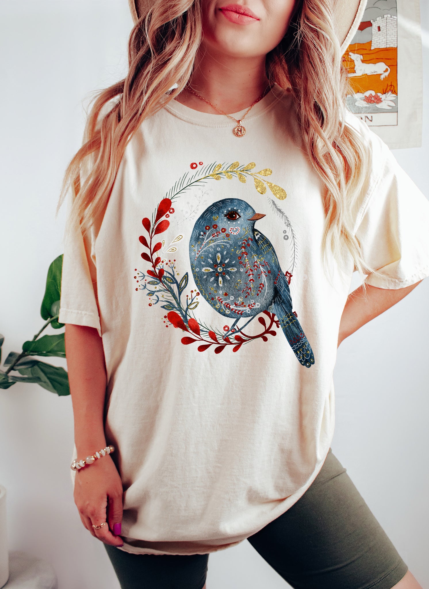 Scandinavian Folk Blue Bird T-Shirt