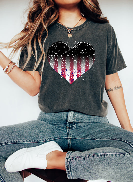 Heart with American Flag and Stars Patriotic Comfort Colors Tshirt