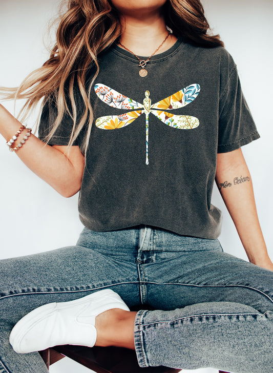 Floral White Dragonfly Botanical Comfort Colors Tshirt