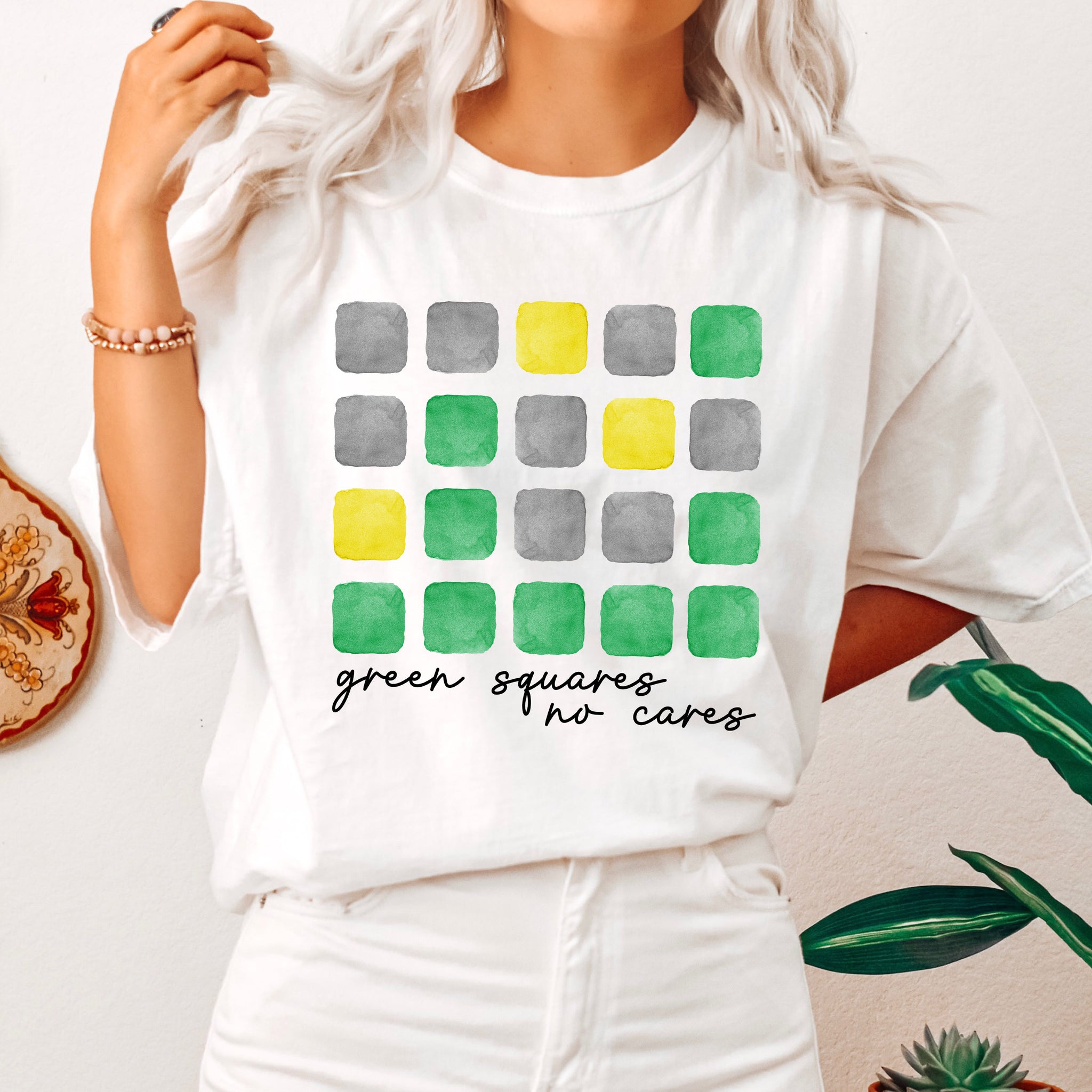 Green Squares No Cares Word Game T-Shirt