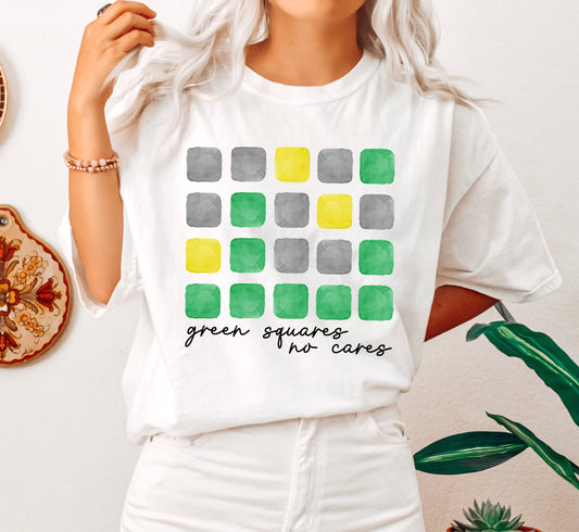 Green Squares No Cares Word Game Comfort Colors Tshirt